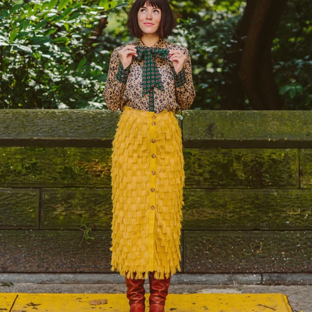 H&M Mustard Yellow Fringe Midi Skirt